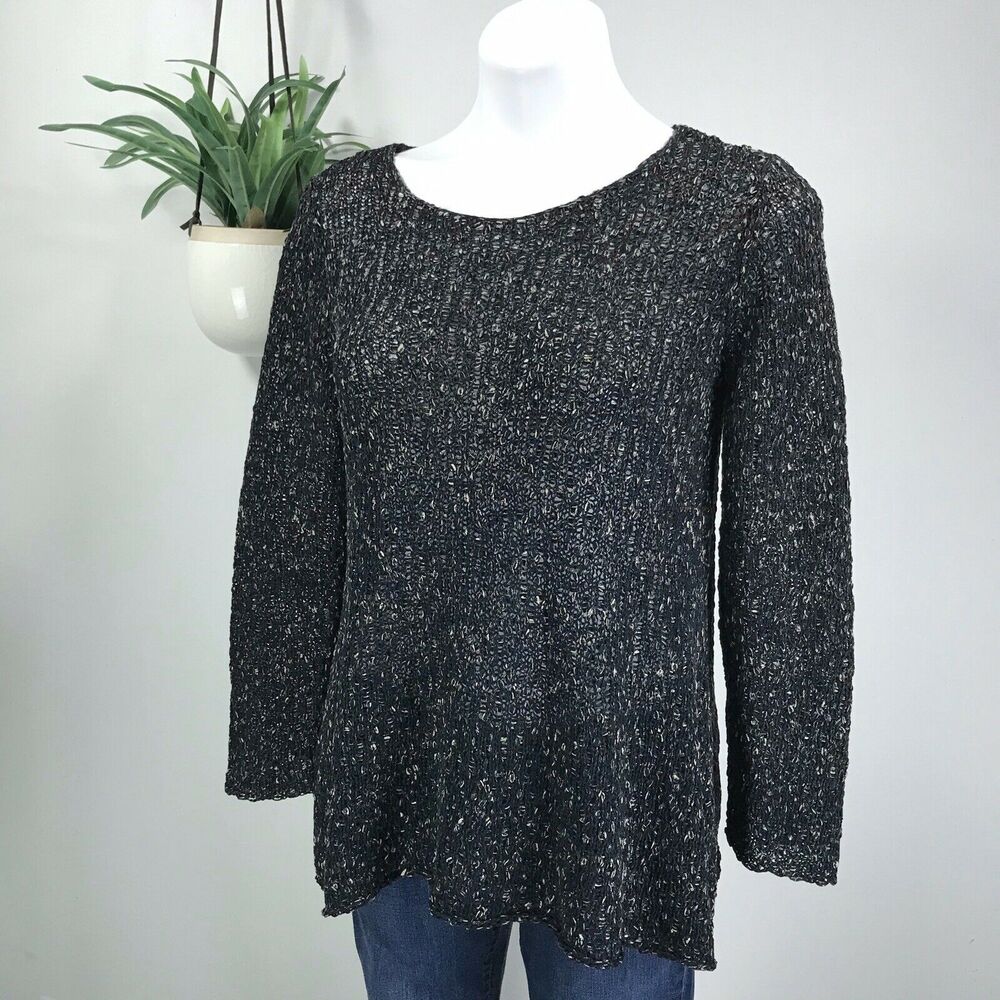 Eileen Fisher Organic Cotton Tape Yarn Sweater Top Open Knit Black‎ Tan Size S